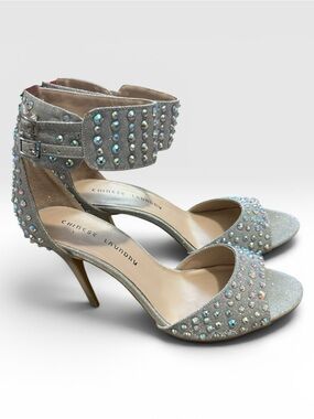 Chinese Laundry Jovial Silver Rhinestone Crystal Ankle Cuff Heels Size 10